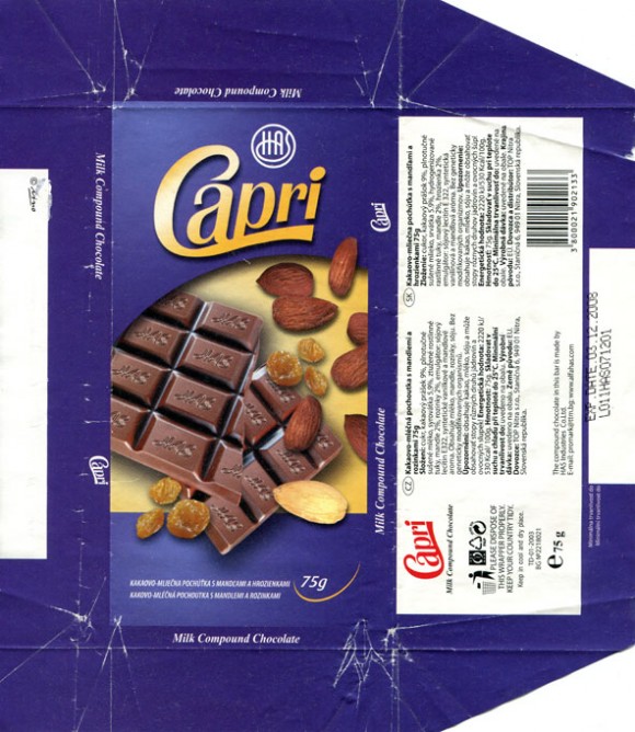 Capri, milk compound chocolate with raisins and nuts, 75g, 03.12.2007, HAS Industries Co.Ltd., Tompsan, Bulgaria