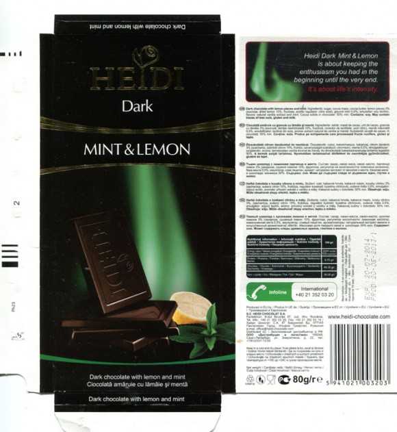 Dark chocolate with lemon pieces and mint, 80g, 20.05.2013, Heidi Chocolat S.A, Romania