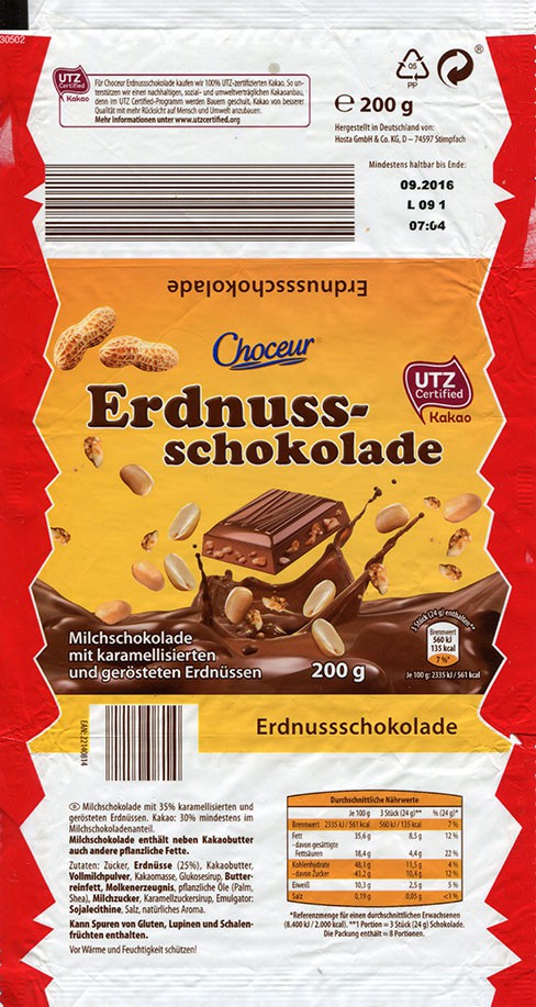 Choceur, milk chocolate with nuts, 200g, 09.2015, Hosta GmbH and Co. KG, Stimpfach, Germany
