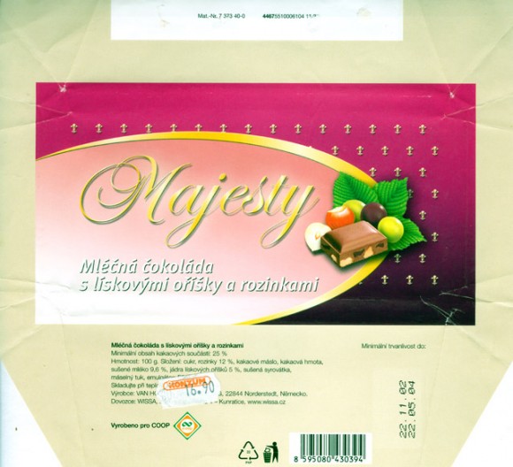 Majesty, milk chocolate with raisins and nuts, 100g, 22.11.2002, Van Houten GmbH & Co. KG., Norderstedt, Germany