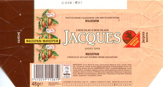 Chocolate with marzipan flavour filling, 48g, 08.1986, Jacques Chocolaterie, Eupen, Belgium
