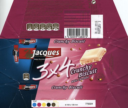 White chocolate with crunchy biscuit, 40g, 30.11.2014, Jacques Chocolaterie, Eupen, Belgium