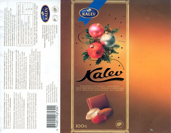 Milk chocolate with raisins and almonds, 100g, 09.2005, Kalev, Lehmja, Estonia