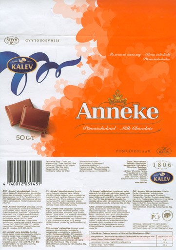 Anneke, milk chocolate, 50g, 02.04.2007, Kalev, Lehmja, Estonia