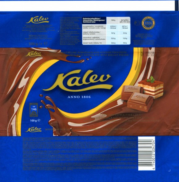 Kalev, tiramisu flavoured milk chocolate with biscuit pieces, 100g, 17.10.2011, AS Kalev Chocolate Factory, Lehmja, Estonia