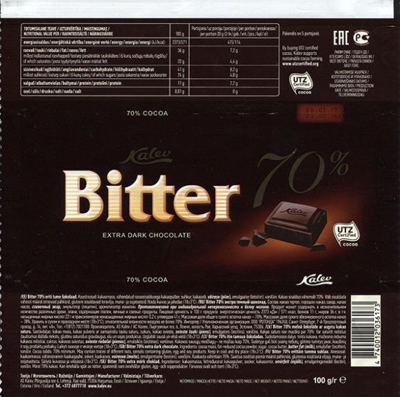 Bitter 70%. extra dark chocolate, 100g, 28.03.2016, AS Kalev, Lehmja, Estonia