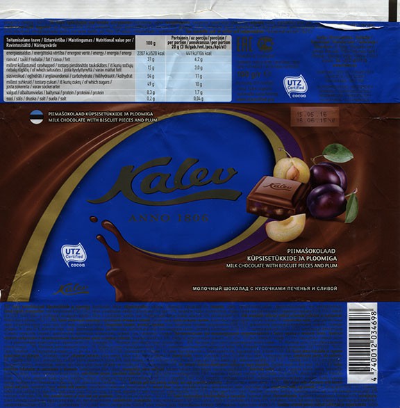 Kalev Anno 1806, milk chocolate wih bscu pieces and plum, 100g, 16.06.2015, AS Kalev, Lehmja, Estonia