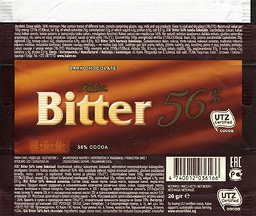 Bitter 56%, dark chocolate, 20g, 31.08.2015, AS Kalev, Lehmja, Estonia