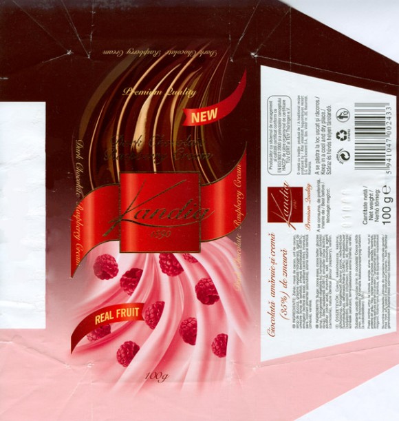 Dark chocolate with raspberry cream filling, 100g, 29.10.2005, S.C.Kandia-Excelent S.A, Bucharest, Romania