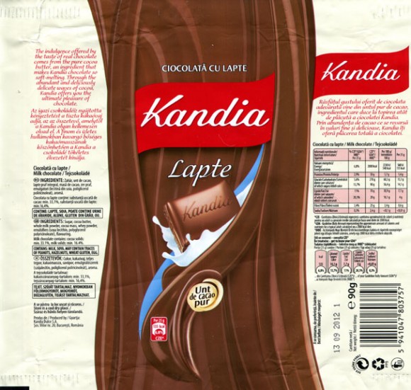 Kandia, Lapte, milk chocolate, 90g, 13.09.2011, Kandia Dulce S.A, Bucharest, Romania