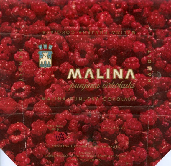 Malina, milk chocolate falvoured with raspberry, 100g, 1960, industrijsko Poljoprivredni kombinat, Kandit, Osijek, Croatia, (made in Yugoslavia)