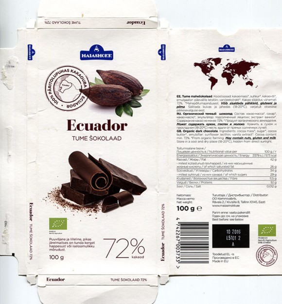 Ecuador, organic dark chocolate, 100g, 10.2015, made in EU, Maiasmokk, Kommivabrik, Tallinn, Estonia