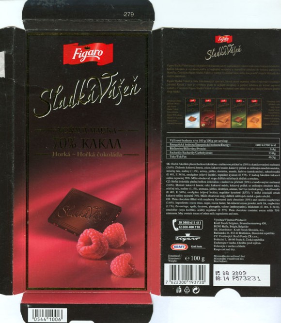 Figaro, Sladka Vasen, plain chocolate filled with raspberry flavoured dark chocolate and candied raspberries, 100g, 05.08.2008, N.V. Kraft Foods Belgium S.A., Halle, Belgium