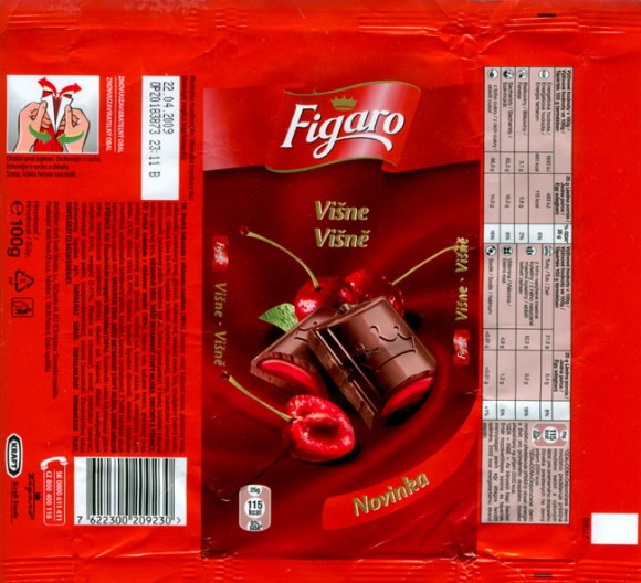 Figaro, dark chocolate with cherry flavoured cream filling, 100g, 22.04.2008, Kraft Foods Slovakia, Bratislava, Slovakia