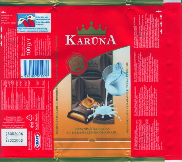 Karuna, milk chocolate with caramel, 100g, 26.08.2004
AB Krafts Foods , Kaunas, Lithuania
