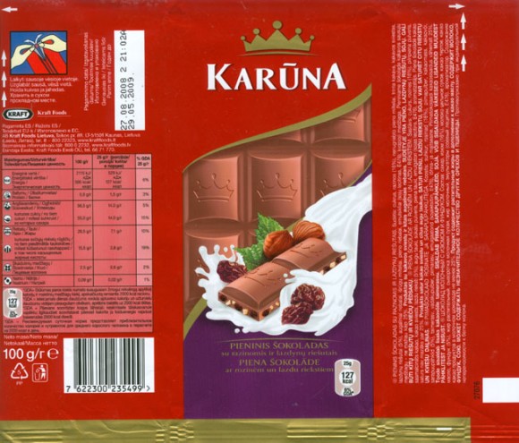 Karuna, milk chocolate with raisins and nuts, 100g, 27.08.2008, Kraft Foods Lietuva, Kaunas, Lithuania
