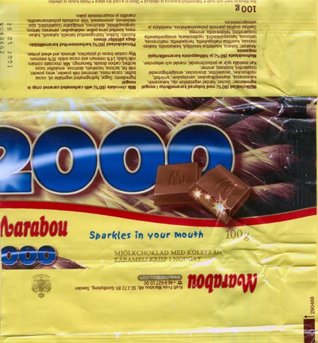 2000, milk chocolate with carbonated caramel crisp in nougat. 100g, 25.05.2001
Made in Sweden by Kraft Freia Marabou AB, Sundbyberg