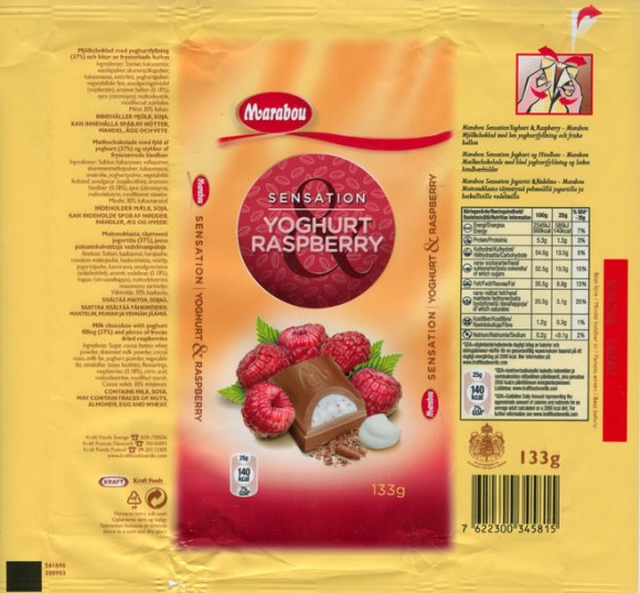 Milk chocolate with yoghurt filling and pieces of freeze dried  raspberries, 133g, 01.04.2009, Kraft Foods Sverige, Angered, Sweden