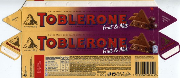 Toblerone, swiss milk chocolate with raisins, honey and almond nougat, 100g, 23.07.2013, Kraft Foods Schweiz, Glattpark, Switzerland