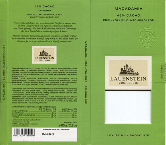 Macadamia, milk chocolate, 80g, 17.01.2014, Confiserie Burg Lauenstein GmbH, Ludwigsstadt, Germany