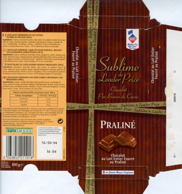 Milk chocolate with praline filled, 100g, 16.03.2003, Leader price, Service consommateurs, Gretz/Armainvilliers, France