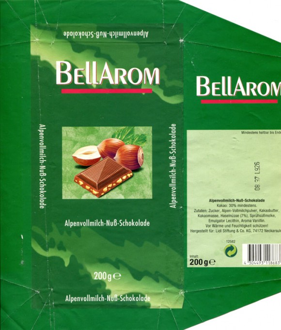 Bellarom, milk chocolate with nuts, 200g, 08.1996, Lidl Stiftung&Co.KG, D-74167 Neckarsulm, Germany