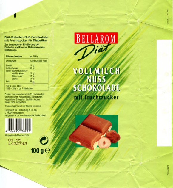Bellarom, diat, milk chocolate with nuts, 100g, 01.1994, Lidl Stiftung&Co.KG, D-74167 Neckarsulm, Germany