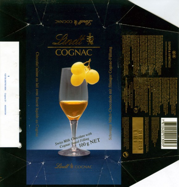 Cognac,swiss milk chocolate with cognac liquid filling, 100g, 31.05.2005, Lindt & Sprungli, Kilchberg, Switzerland