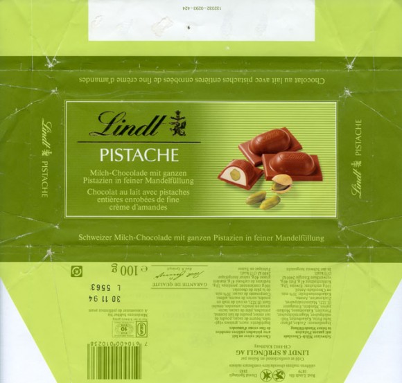 Pistache, milk chocolate with pranline filling and pistachios, 100g, 30.11.1993, Lindt & Sprungli, Kilchberg, Switzerland