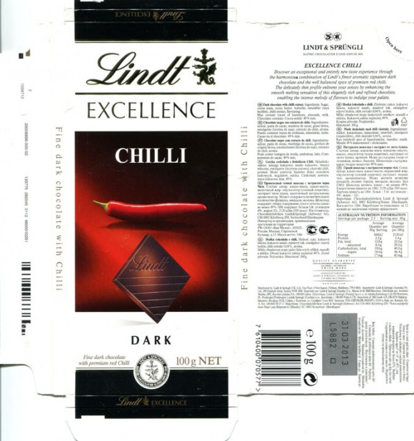 Lindt Excellence Chilli, dark chocolate with chilli extract, 100g, 31.03.2012, Lindt & Sprungli AG, Switzerland