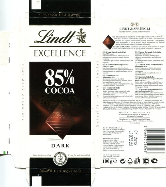 Lindt Excellence, fine dark chocolate, 100g, 04.2012, Lindt & Sprungli AG, Switzerland