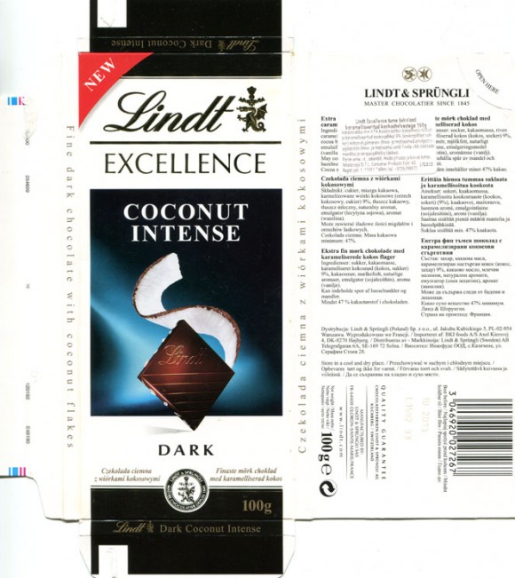 Lindt Excellence, extra fine dark chocolate with coconut, 100g, 10.2012, Lindt & Sprungli AG, Kilchberg, Switzerland