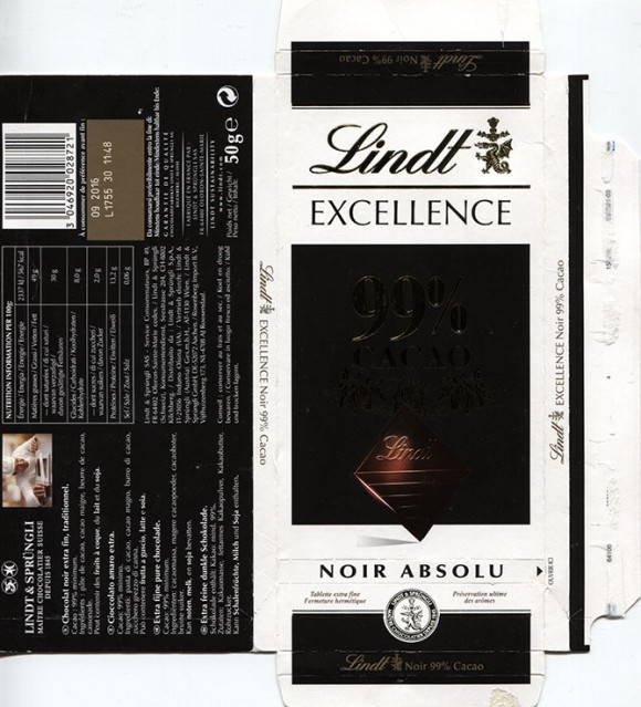 Excellence, 99% cacao, extra fine pure chocolate, 50g, 09.2015, Lindt & Sprungli AG, Kilchberg, Switzerland