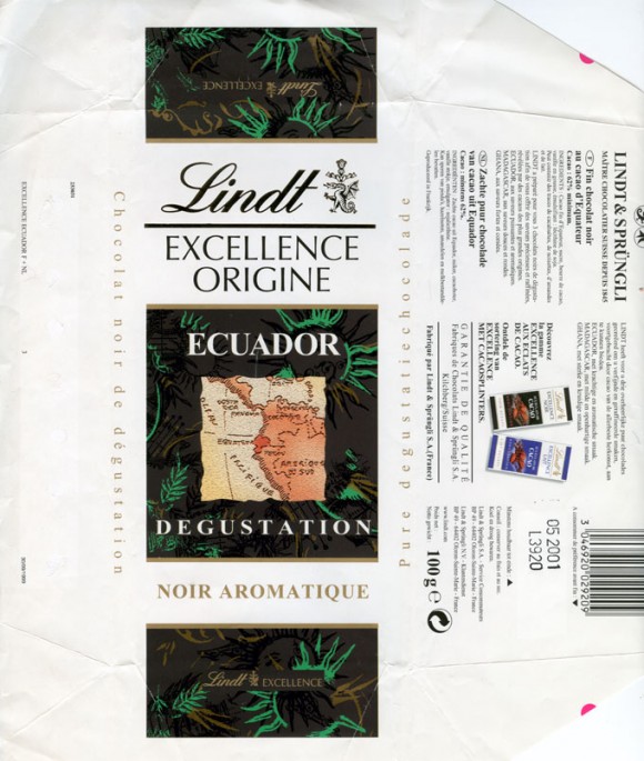 Excellence origine Ecuador degustation, dark chocolate, 100g, 05.2000, Lindt & Sprungli S.A France. Kilchberg, Oloron-Sainte-Marie, France