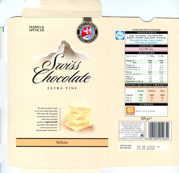 Swiss chocolate, extra fine white chocolate, 125g, 28.02.2006, product of Switzerland, Marks and Spencer, Woolworths Ltd., Cape Town, South Africa