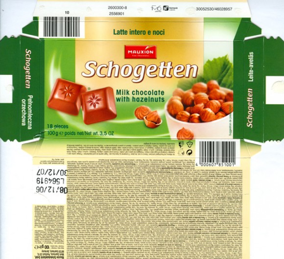 Schogetten, milk chocolate with hazelnuts, 100g, 08.12.2006, Mauxion Schokoladefabrik GmbH, Saarlouis, Germany