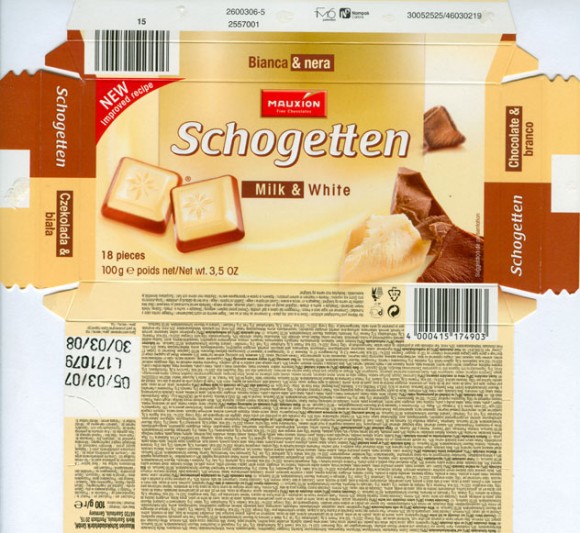 Schogetten, white chocolate on milk chocolate, 100g, 05.03.2007, Mauxion Schokoladefabrik GmbH, Saarlouis, Germany