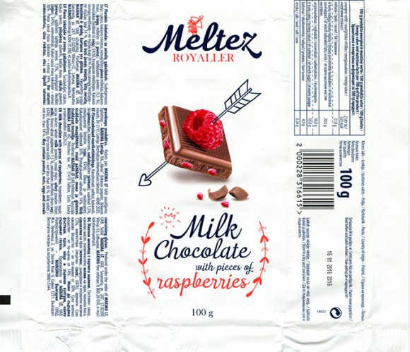 Milk chocolate with pieces of raspberries, 100g, 18.01.2017, Made in Poland for Maxima, UAB