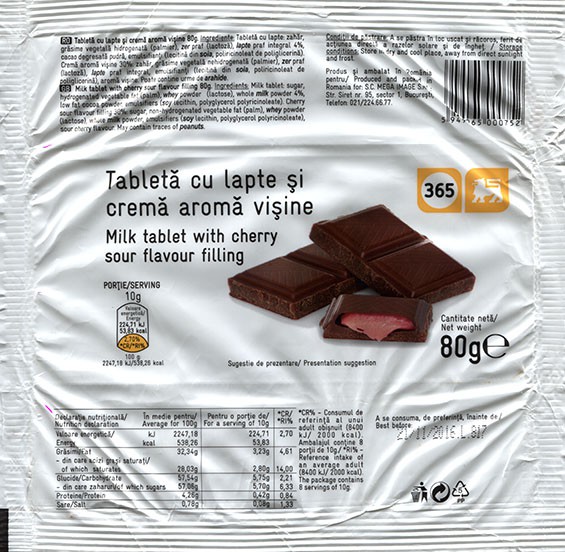 Milk tablet with cherry sour flavour filling, 80g, 21.11.2015, made in Romania for S.C. Mega Image S.R.L., Bucuresti, Romania