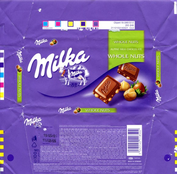 Milka, Alpine milk chocolate with whole nuts, 100g, 28.10.2003, Kraft Foods Deutschland production GmbH & Co. KG., Bremen, Germany