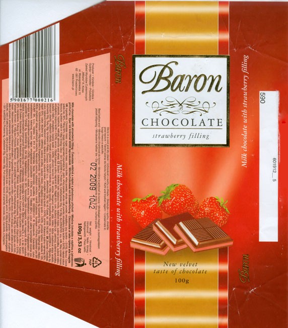 Baron, milk chocolate with strawberry filling, 100g, 02.2008, Millano, Przezmierowo, Poland