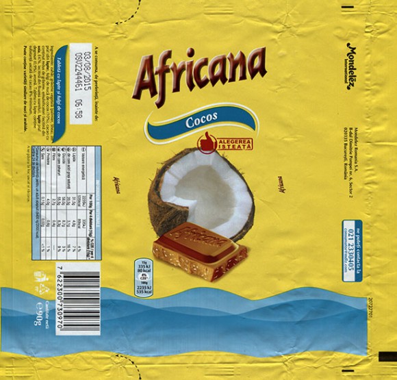 Africana, milk chocolate with coconut, 90g, 03.08.2014, Mondelez Romania S.A., Bucuresti, Romania