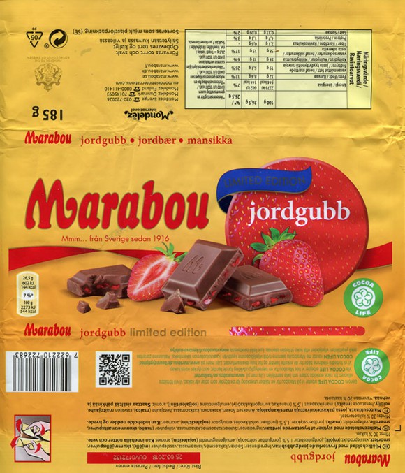 Marabou,jordgubb, milk chocolate with strawberries, 185g, 25.03.2017, Mondelez International (Sverige), Sweden