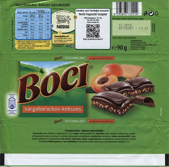 Boci, milk chocolate with apricot and biscuit, 90g, 12.2014, Nestle Hungaria Kft, Budapest, Hungary