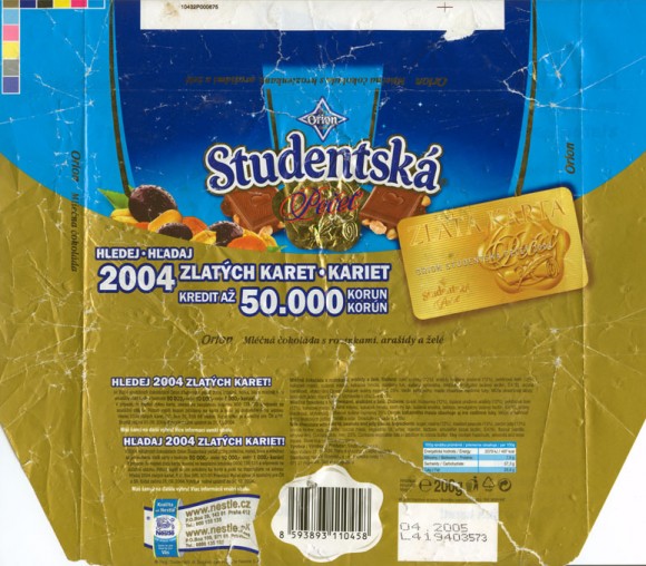 Milk chocolate and white chocolate with raisins, peanuts and jelly pieces, 200g, 04.2004
Nestle Orion, Praha, Czech Republic
