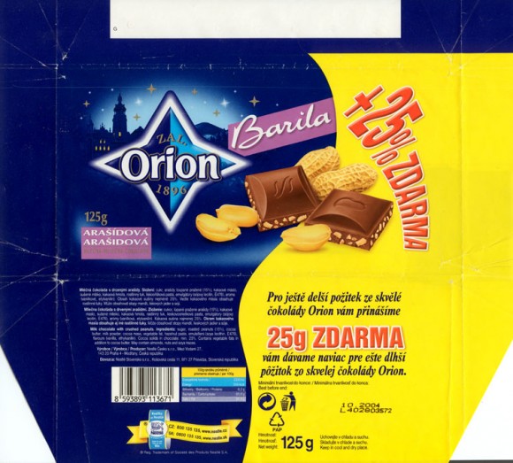 Barila, milk chocolate with crushed peanuts, 125g, 10.2004,  Nestle Orion, Praha, Czech Republic
