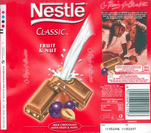 Milk chocolate with fruit and nuts, 100g, 11.05.2006, Nestle South Africa Ltd, Randburg, South Africa