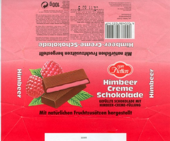 Bitter chocolate with raspberry-cream filling, 100g, 04.11.1999, van Netten GmbH Susswarenfabrik D-Dortmund, Germany