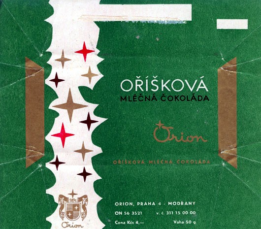 Milk chocolate with nuts, 50g, about 1970, orion, Praha, Czech Republic (CZECHOSLOVAKIA)