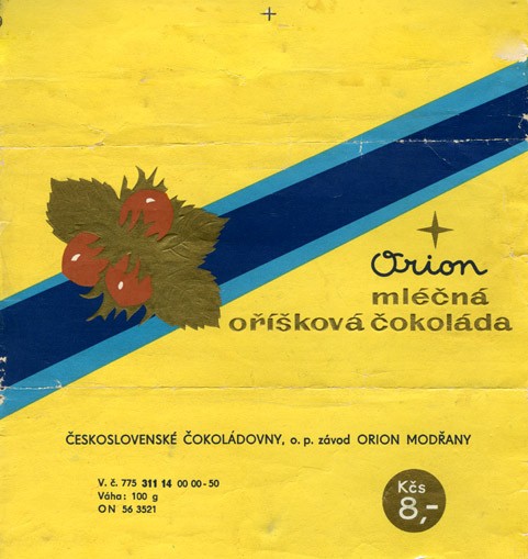 Milk chocolate with nuts, 100g, 1965, Orion Modrany, Praha, Czech Republic (CZECHOSLOVAKIA)